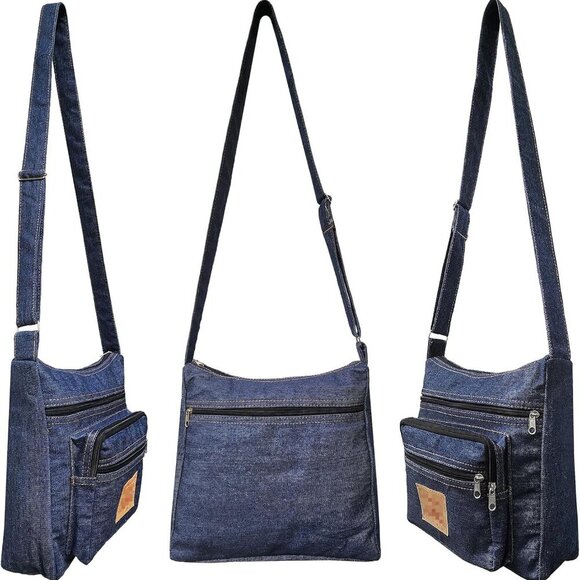 Denim Crossbody Bag Unisex Zipper Pockets Casual Travel Purse - Picture 2 of 7